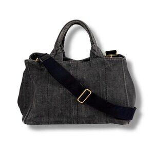 Prada Canapa Tote Shoulder Bag 2-Way Denim Canvas Black